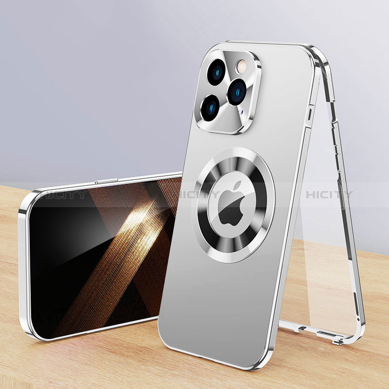 Apple iPhone 13 Pro用360度 フルカバー ケース 高級感 手触り良い アルミメタル 製の金属製 Mag-Safe 磁気 Magnetic P01 アップル シルバー