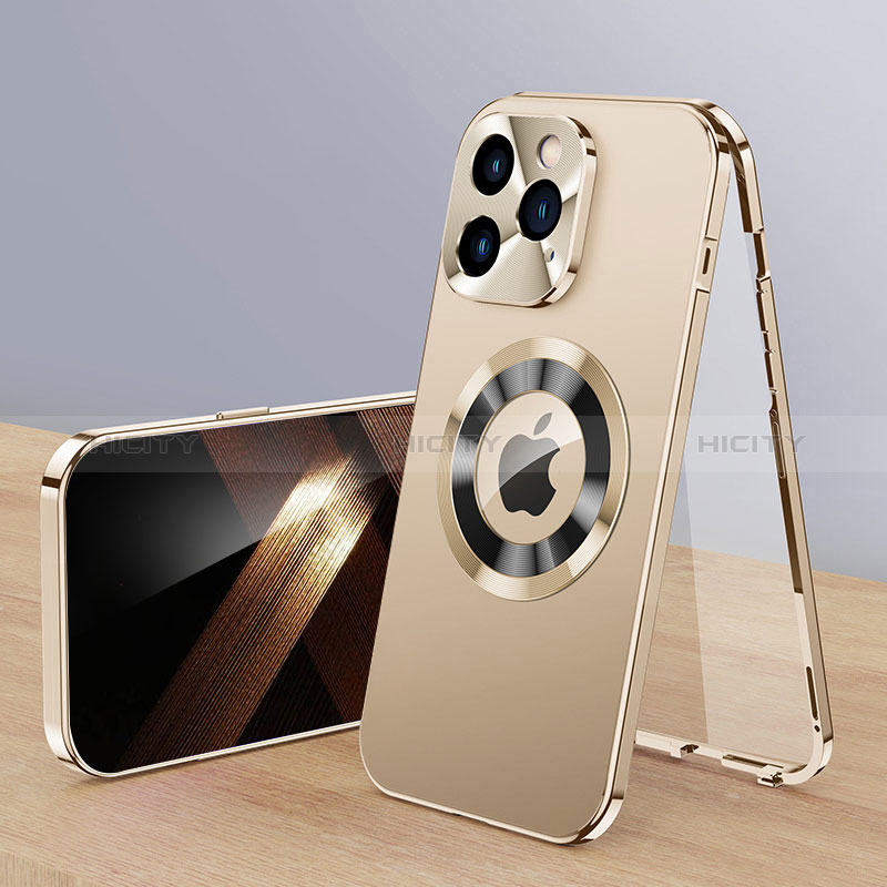 Apple iPhone 13 Pro用360度 フルカバー ケース 高級感 手触り良い アルミメタル 製の金属製 Mag-Safe 磁気 Magnetic P01 アップル ゴールド