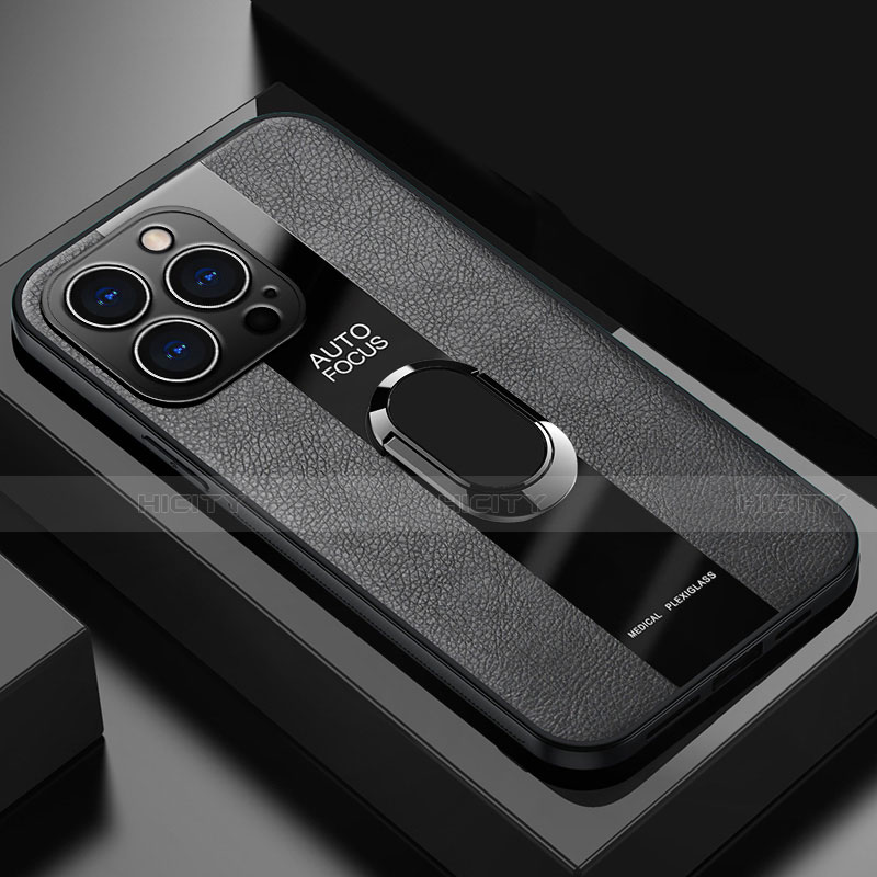 Apple iPhone 13 Pro Max用シリコンケース ソフトタッチラバー レザー柄 アンド指輪 マグネット式 S04 アップル ブラック