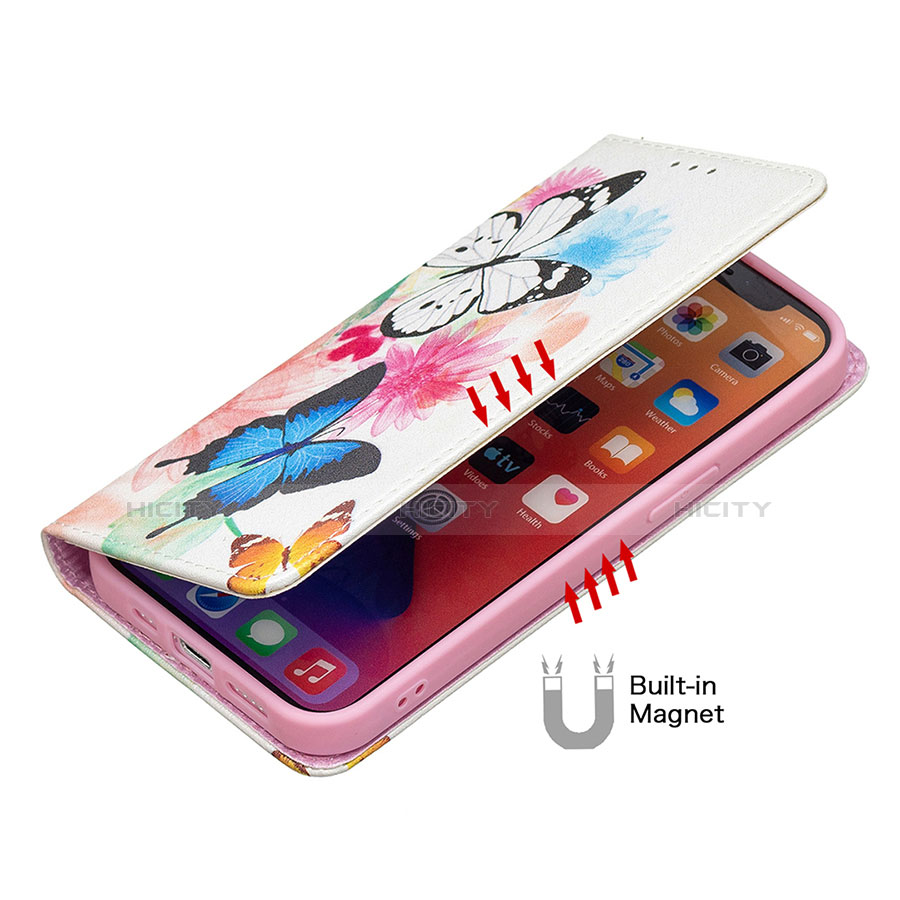 Apple iPhone 14用手帳型 レザーケース スタンド バタフライ 蝶 カバー アップル ピンク