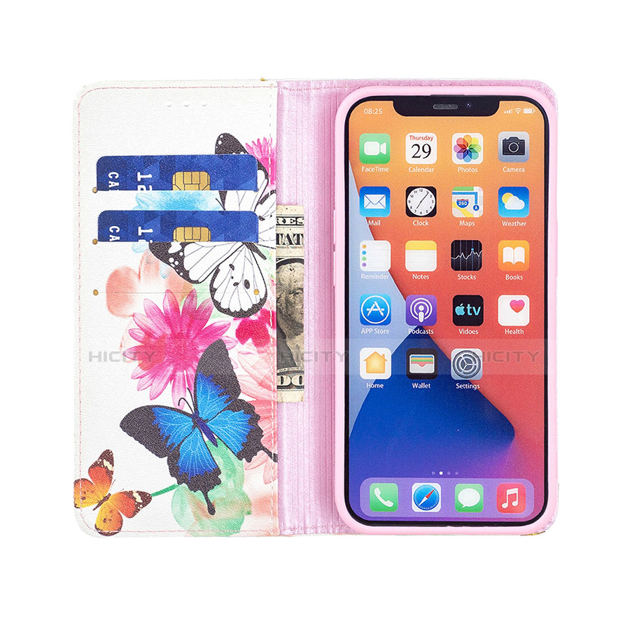 Apple iPhone 14用手帳型 レザーケース スタンド バタフライ 蝶 カバー アップル ピンク