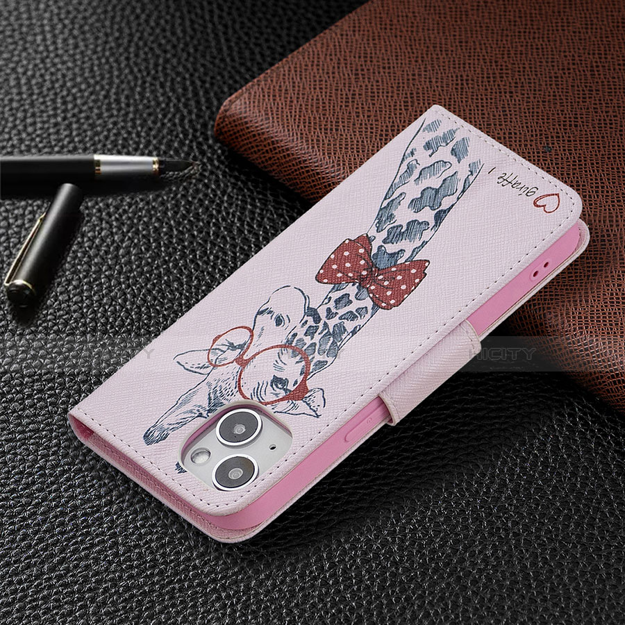 Apple iPhone 14用手帳型 レザーケース スタンド 花 カバー L01 アップル ピンク