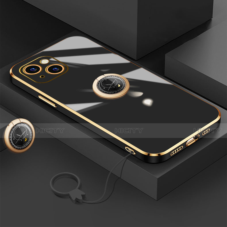 Apple iPhone 14用極薄ソフトケース シリコンケース 耐衝撃 全面保護 アンド指輪 マグネット式 バンパー A08 アップル ブラック