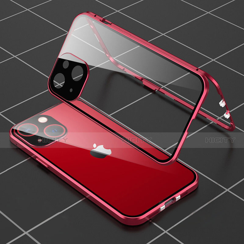 Apple iPhone 14用ケース 高級感 手触り良い アルミメタル 製の金属製 360度 フルカバーバンパー 鏡面 カバー M04 アップル レッド