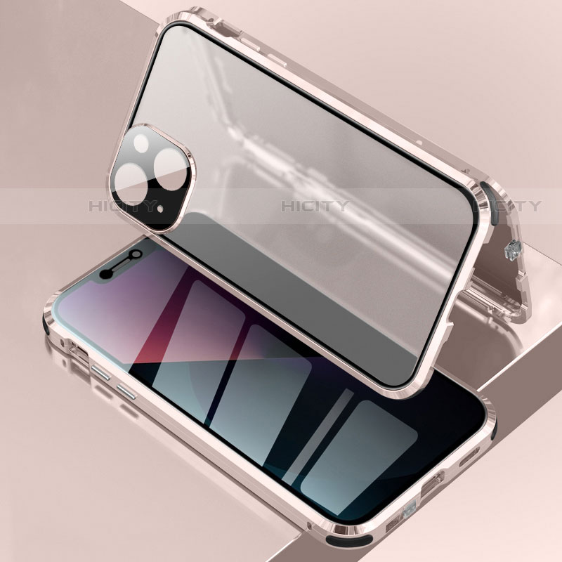 Apple iPhone 14用ケース 高級感 手触り良い アルミメタル 製の金属製 360度 フルカバーバンパー 鏡面 カバー アップル ローズゴールド