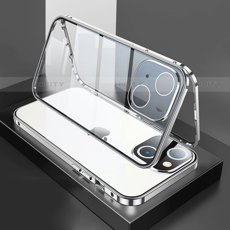 Apple iPhone 14用ケース 高級感 手触り良い アルミメタル 製の金属製 360度 フルカバーバンパー 鏡面 カバー M01 アップル シルバー