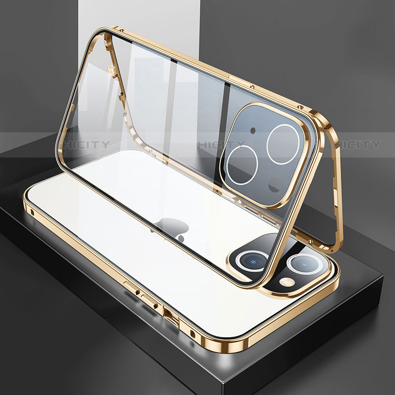 Apple iPhone 14用ケース 高級感 手触り良い アルミメタル 製の金属製 360度 フルカバーバンパー 鏡面 カバー M01 アップル ゴールド