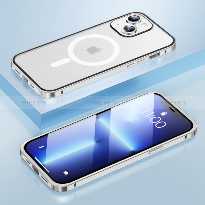 Apple iPhone 14用ケース 高級感 手触り良い メタル兼プラスチック バンパー Mag-Safe 磁気 Magnetic LF1 アップル シルバー