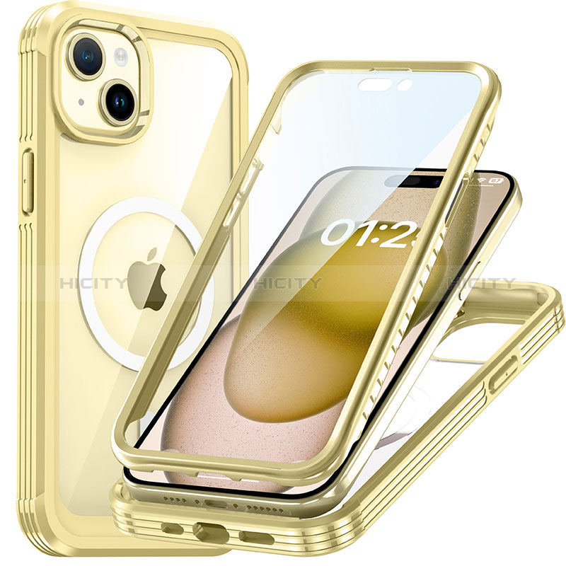 Apple iPhone 14用360度 フルカバー ハイブリットバンパーケース クリア透明 プラスチック カバー 360度 Mag-Safe 磁気 Magnetic T01 アップル ゴールド