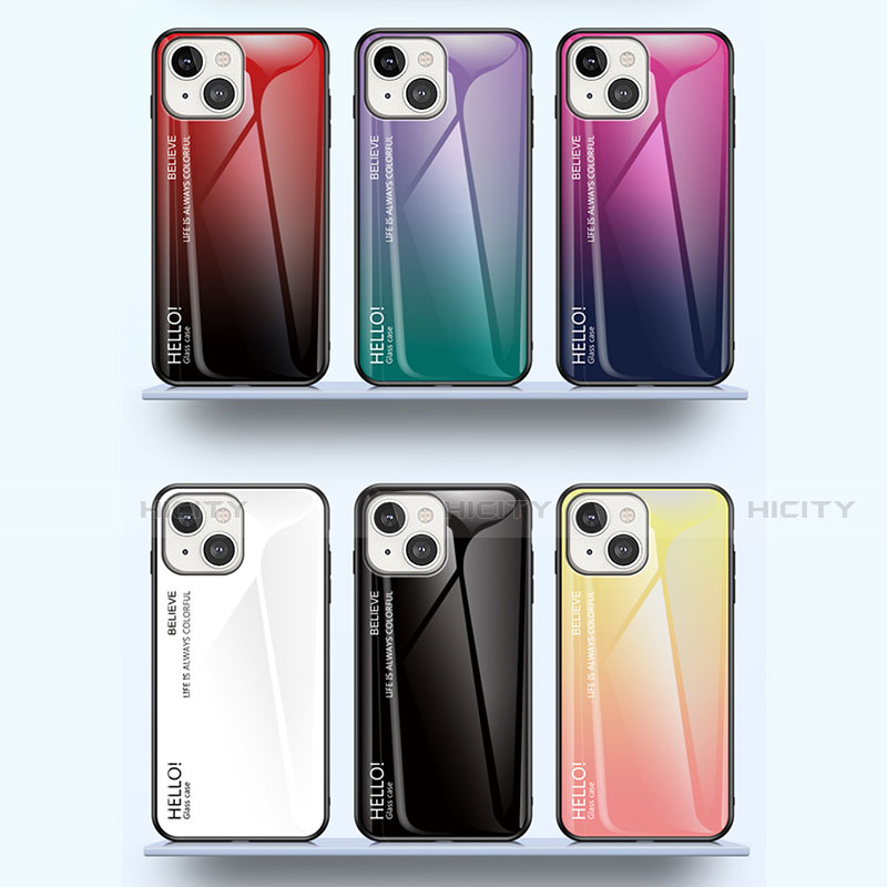 Apple iPhone 14用ハイブリットバンパーケース プラスチック 鏡面 虹 グラデーション 勾配色 カバー アップル 