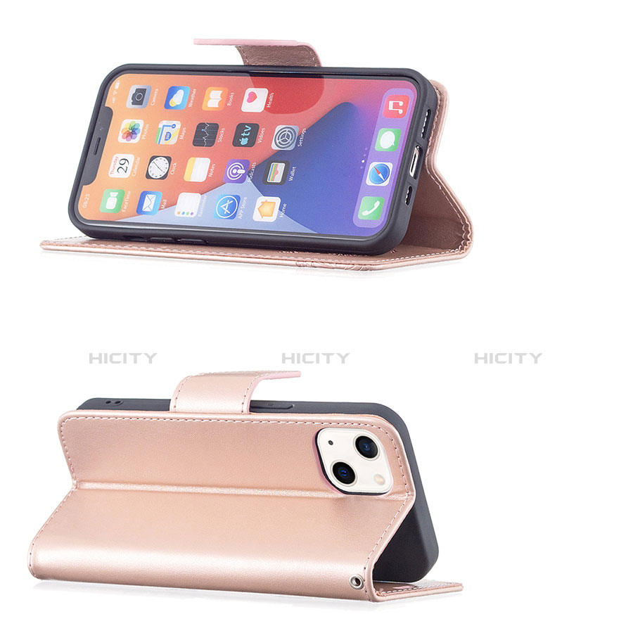 Apple iPhone 14 Plus用手帳型 レザーケース スタンド バタフライ 蝶 カバー L09 アップル ピンク