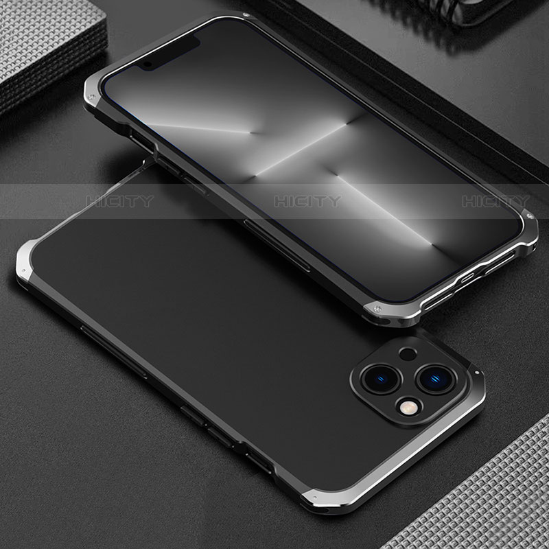 Apple iPhone 14 Plus用360度 フルカバー ケース 高級感 手触り良い アルミメタル 製の金属製 アップル シルバー・ブラック