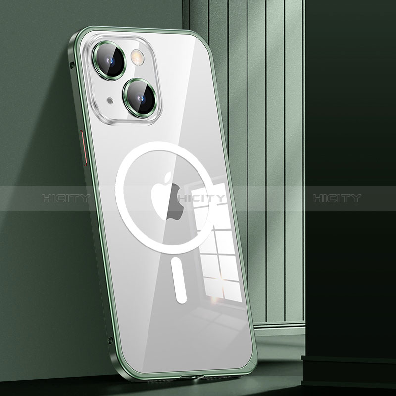 Apple iPhone 14 Plus用ケース 高級感 手触り良い メタル兼プラスチック バンパー Mag-Safe 磁気 Magnetic JL1 アップル グリーン