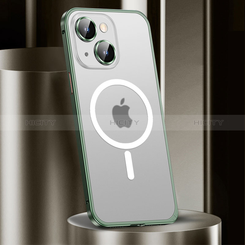 Apple iPhone 14 Plus用ケース 高級感 手触り良い メタル兼プラスチック バンパー Mag-Safe 磁気 Magnetic JL2 アップル グリーン
