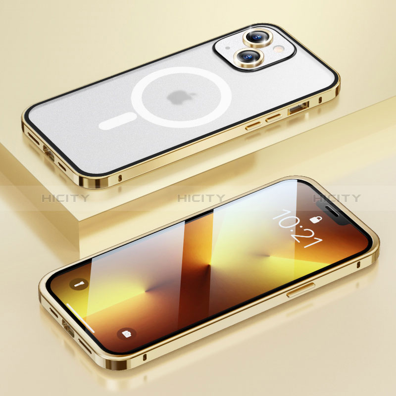 Apple iPhone 14 Plus用ケース 高級感 手触り良い メタル兼プラスチック バンパー Mag-Safe 磁気 Magnetic LF1 アップル ゴールド