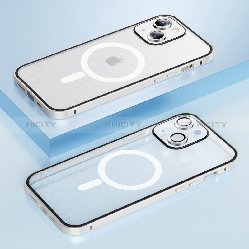 Apple iPhone 14 Plus用ケース 高級感 手触り良い メタル兼プラスチック バンパー Mag-Safe 磁気 Magnetic Bling-Bling LF1 アップル シルバー
