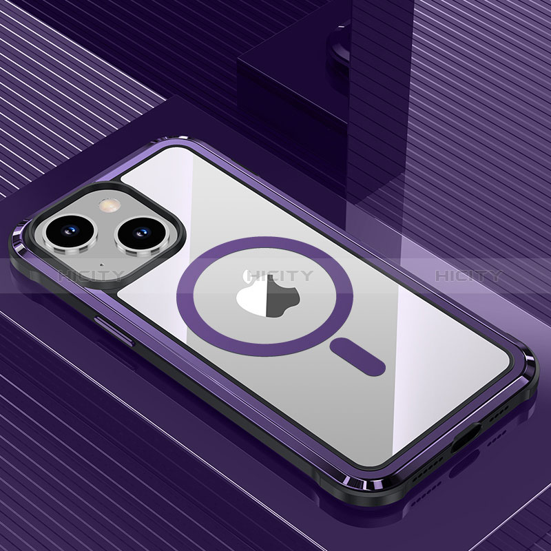 Apple iPhone 14 Plus用ケース 高級感 手触り良い アルミメタル 製の金属製 兼シリコン カバー Mag-Safe 磁気 Magnetic QC1 アップル パープル