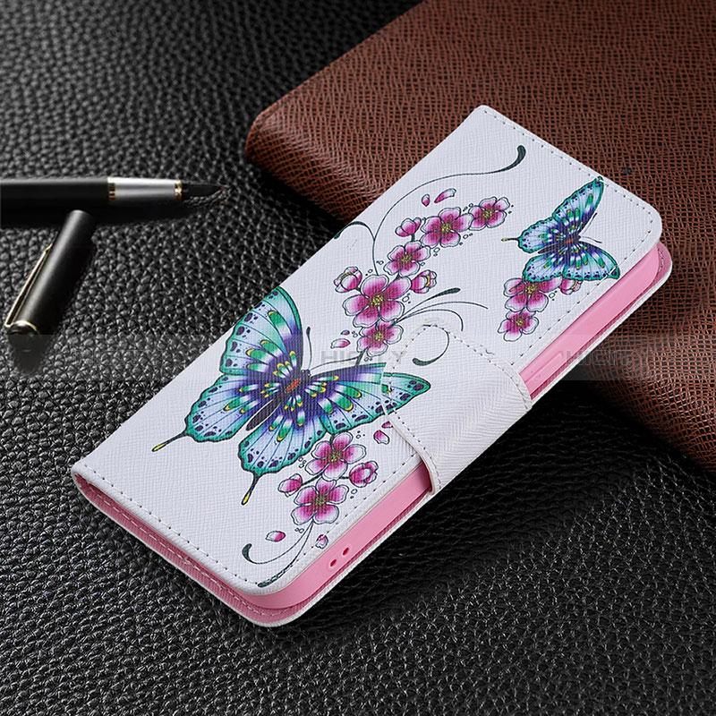 Apple iPhone 14 Pro用手帳型 レザーケース スタンド バタフライ 蝶 カバー L07 アップル ピンク