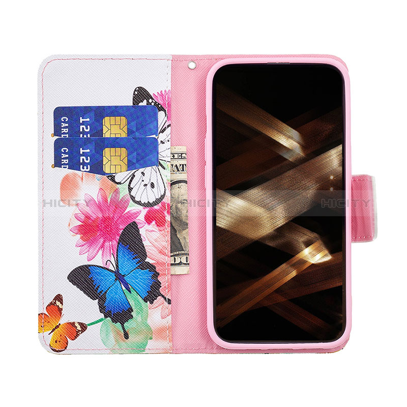 Apple iPhone 14 Pro用手帳型 レザーケース スタンド バタフライ 蝶 カバー L03 アップル ピンク