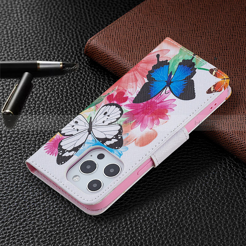 Apple iPhone 14 Pro用手帳型 レザーケース スタンド バタフライ 蝶 カバー L03 アップル ピンク