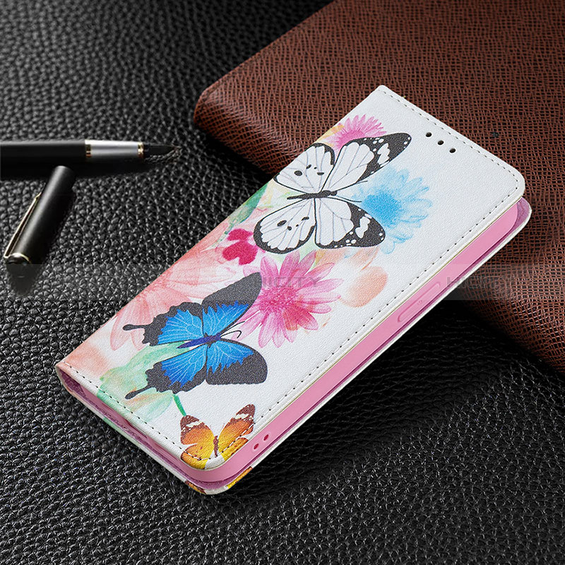 Apple iPhone 14 Pro用手帳型 レザーケース スタンド バタフライ 蝶 カバー L01 アップル ピンク