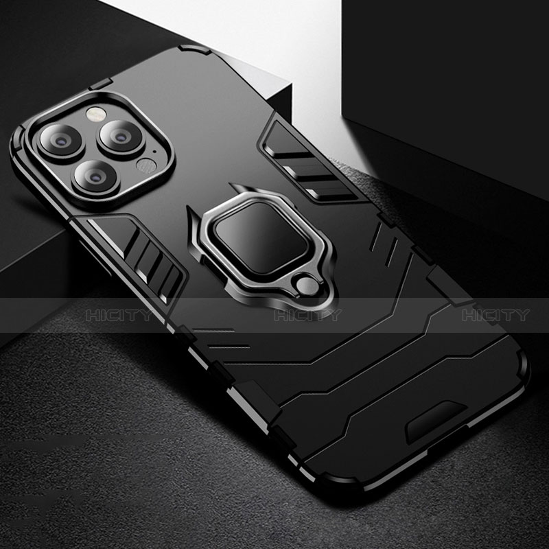 Apple iPhone 14 Pro用ハイブリットバンパーケース プラスチック アンド指輪 マグネット式 S03 アップル ブラック