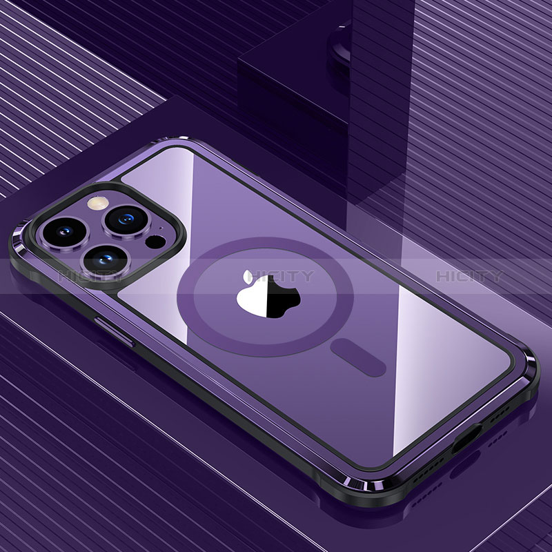 Apple iPhone 14 Pro用ケース 高級感 手触り良い アルミメタル 製の金属製 兼シリコン カバー Mag-Safe 磁気 Magnetic QC1 アップル パープル