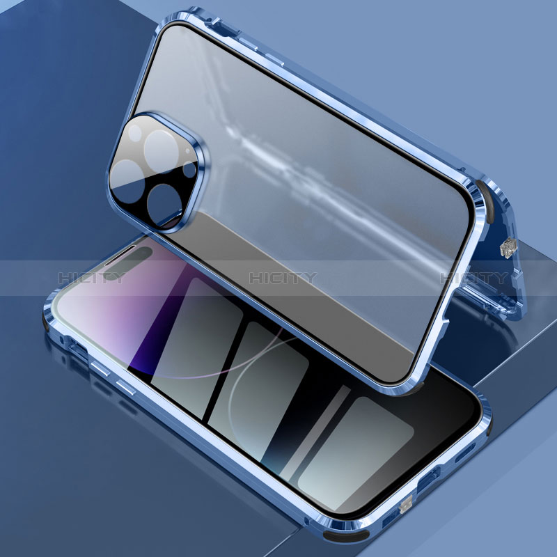 Apple iPhone 14 Pro用ケース 高級感 手触り良い アルミメタル 製の金属製 360度 フルカバーバンパー 鏡面 カバー LK3 アップル ネイビー