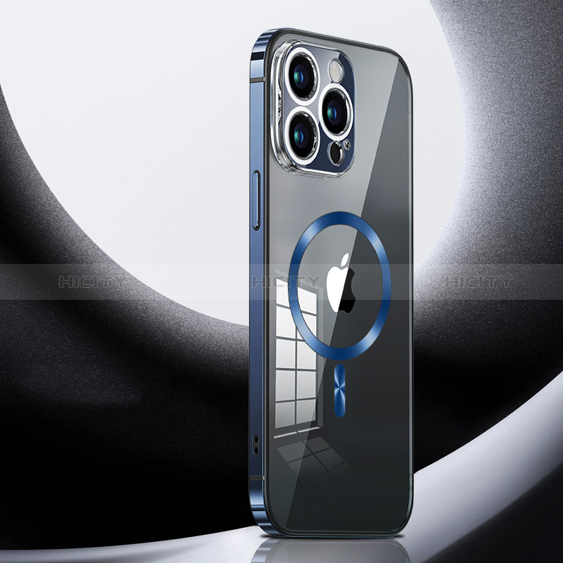 Apple iPhone 14 Pro用ケース 高級感 手触り良い メタル兼プラスチック バンパー Mag-Safe 磁気 Magnetic LK3 アップル ネイビー