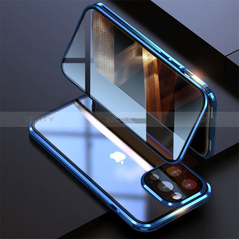 Apple iPhone 14 Pro Max用ケース 高級感 手触り良い アルミメタル 製の金属製 360度 フルカバーバンパー 鏡面 カバー M08 アップル ネイビー