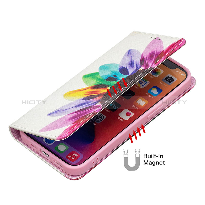Apple iPhone 14 Pro Max用手帳型 レザーケース スタンド 花 カバー L01 アップル ピンク