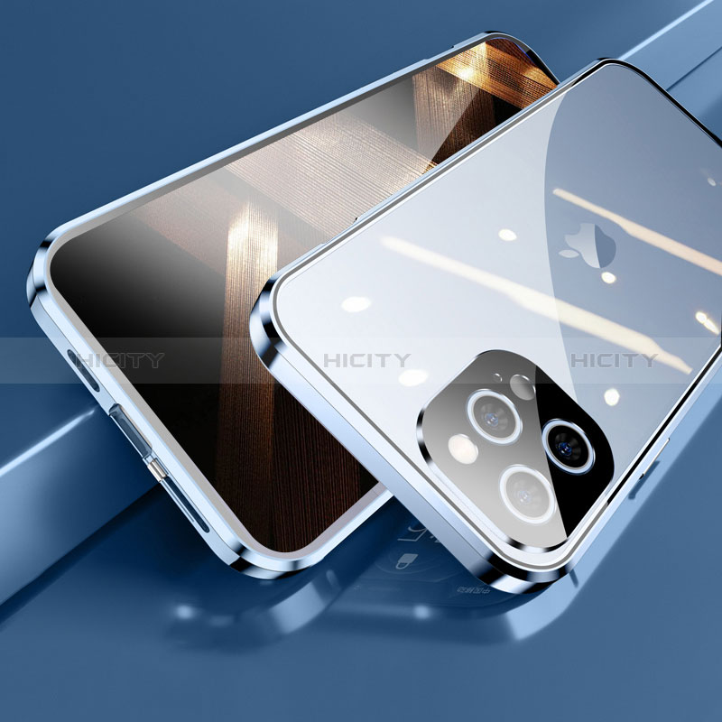 Apple iPhone 14 Pro Max用ケース 高級感 手触り良い アルミメタル 製の金属製 360度 フルカバーバンパー 鏡面 カバー M05 アップル ネイビー
