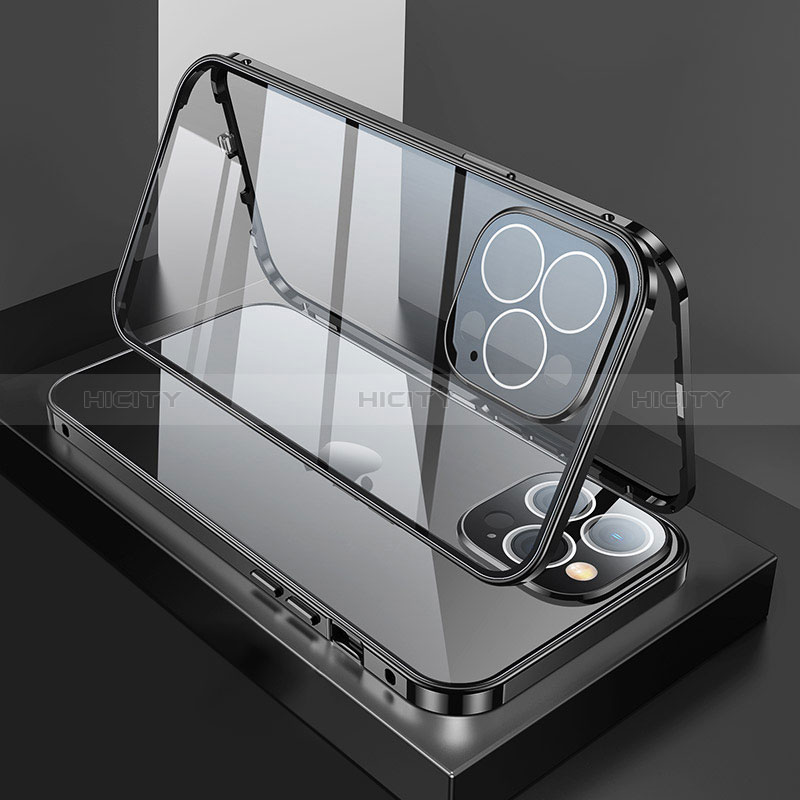 Apple iPhone 14 Pro Max用ケース 高級感 手触り良い アルミメタル 製の金属製 360度 フルカバーバンパー 鏡面 カバー M02 アップル ブラック