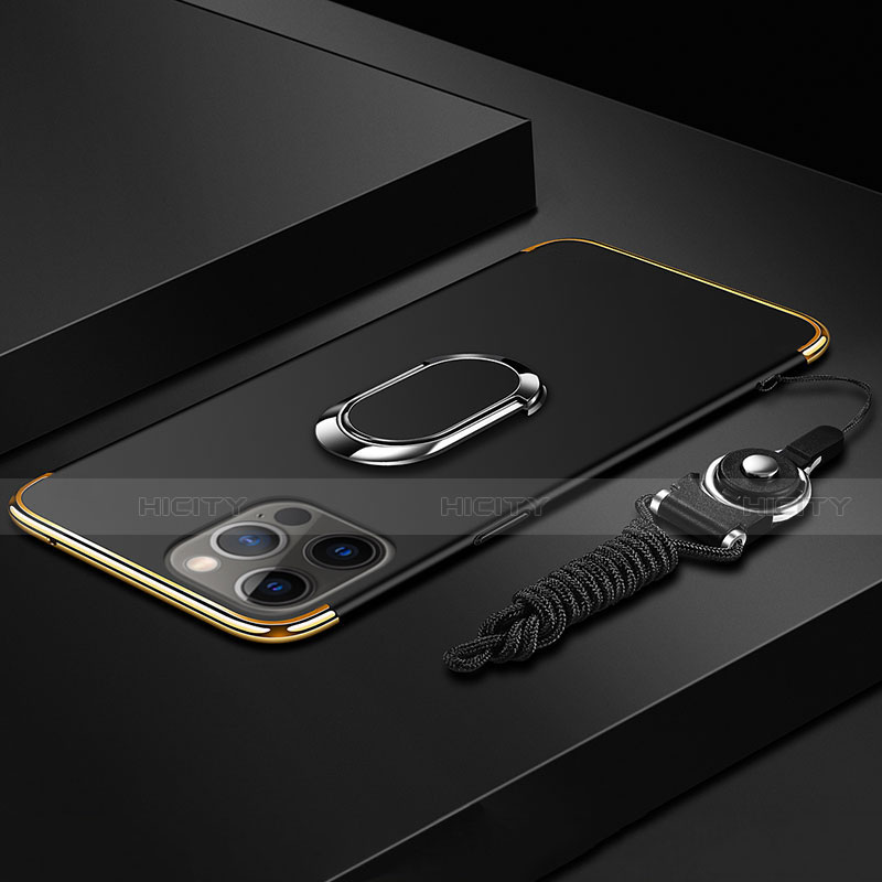 Apple iPhone 14 Pro Max用ケース 高級感 手触り良い メタル兼プラスチック バンパー アンド指輪 亦 ひも アップル ブラック