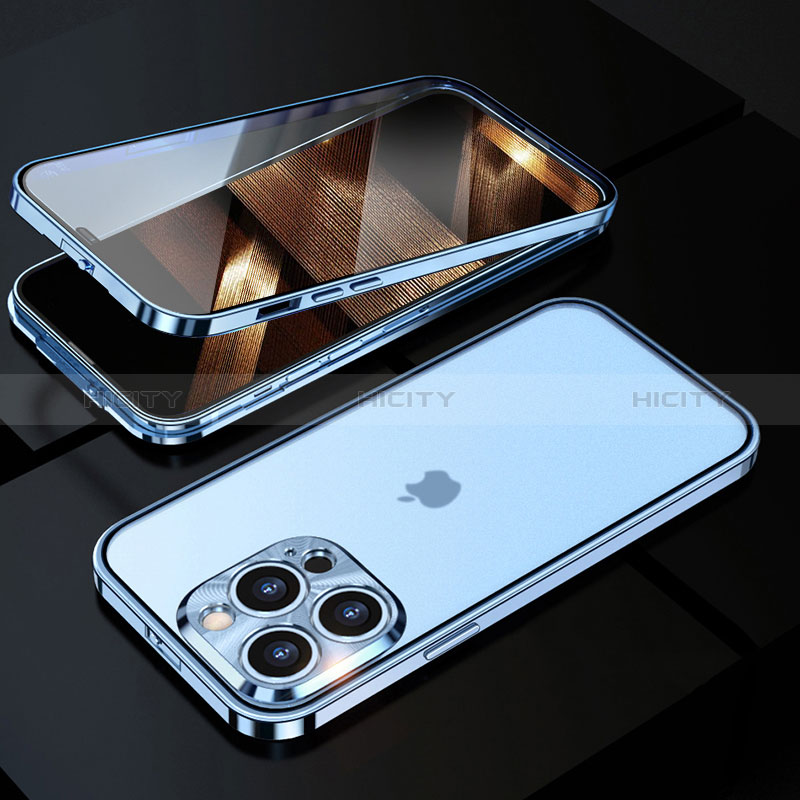 Apple iPhone 14 Pro Max用ケース 高級感 手触り良い アルミメタル 製の金属製 360度 フルカバーバンパー 鏡面 カバー M01 アップル ネイビー