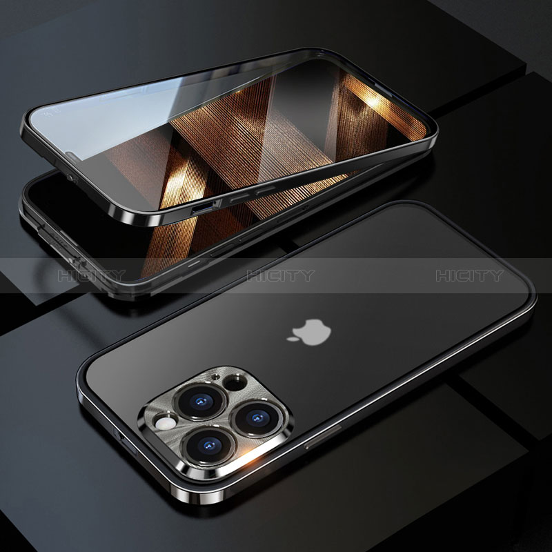 Apple iPhone 14 Pro Max用ケース 高級感 手触り良い アルミメタル 製の金属製 360度 フルカバーバンパー 鏡面 カバー M01 アップル ブラック