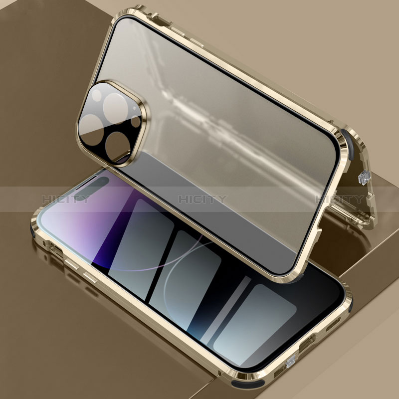 Apple iPhone 14 Pro Max用ケース 高級感 手触り良い アルミメタル 製の金属製 360度 フルカバーバンパー 鏡面 カバー LK3 アップル ゴールド