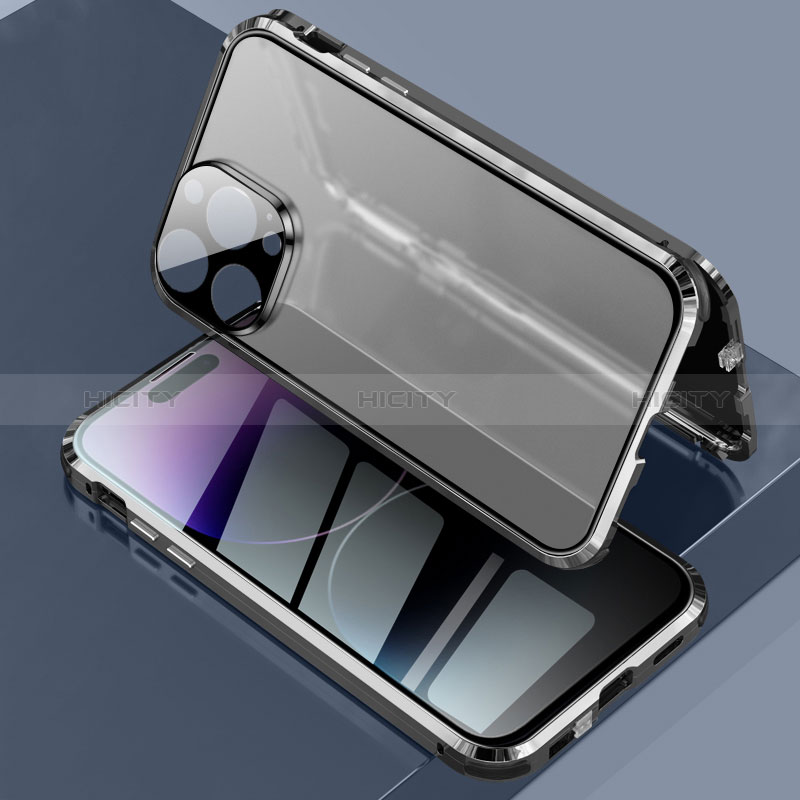 Apple iPhone 14 Pro Max用ケース 高級感 手触り良い アルミメタル 製の金属製 360度 フルカバーバンパー 鏡面 カバー LK3 アップル ブラック
