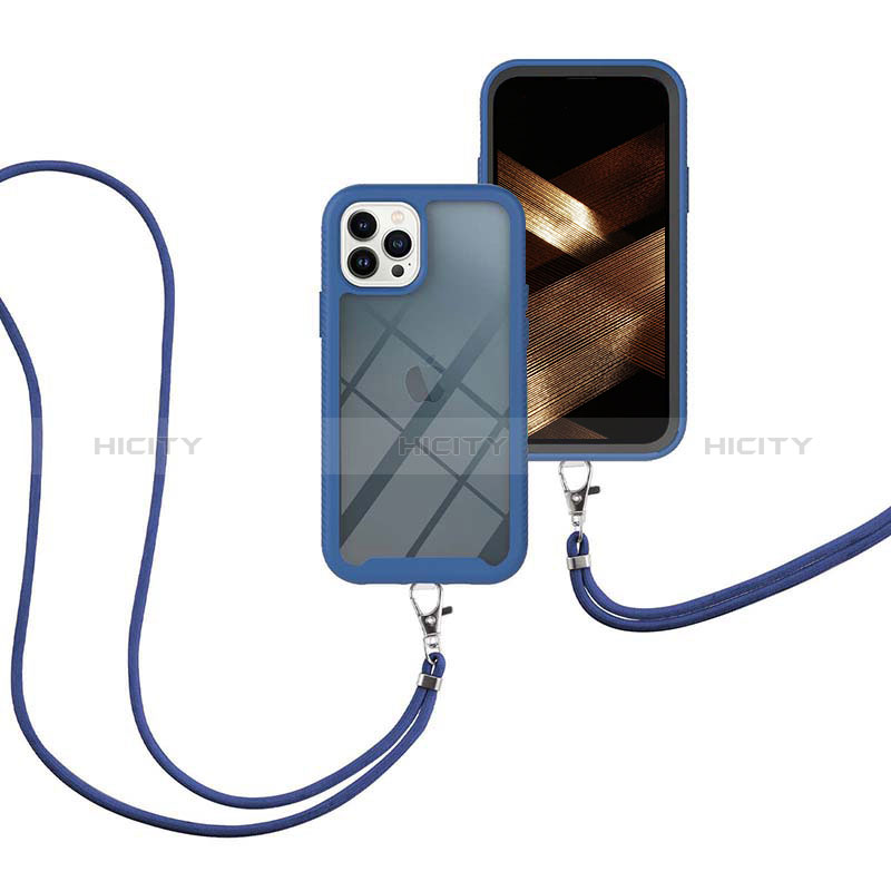 Apple iPhone 14 Pro Max用ハイブリットバンパーケース プラスチック 兼シリコーン カバー 前面と背面 360度 フル 携帯ストラップ アップル ネイビー