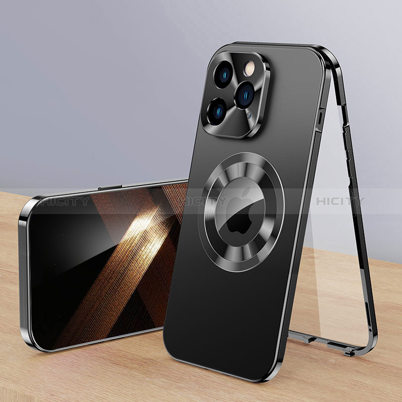 Apple iPhone 14 Pro Max用360度 フルカバー ケース 高級感 手触り良い アルミメタル 製の金属製 Mag-Safe 磁気 Magnetic P01 アップル ブラック