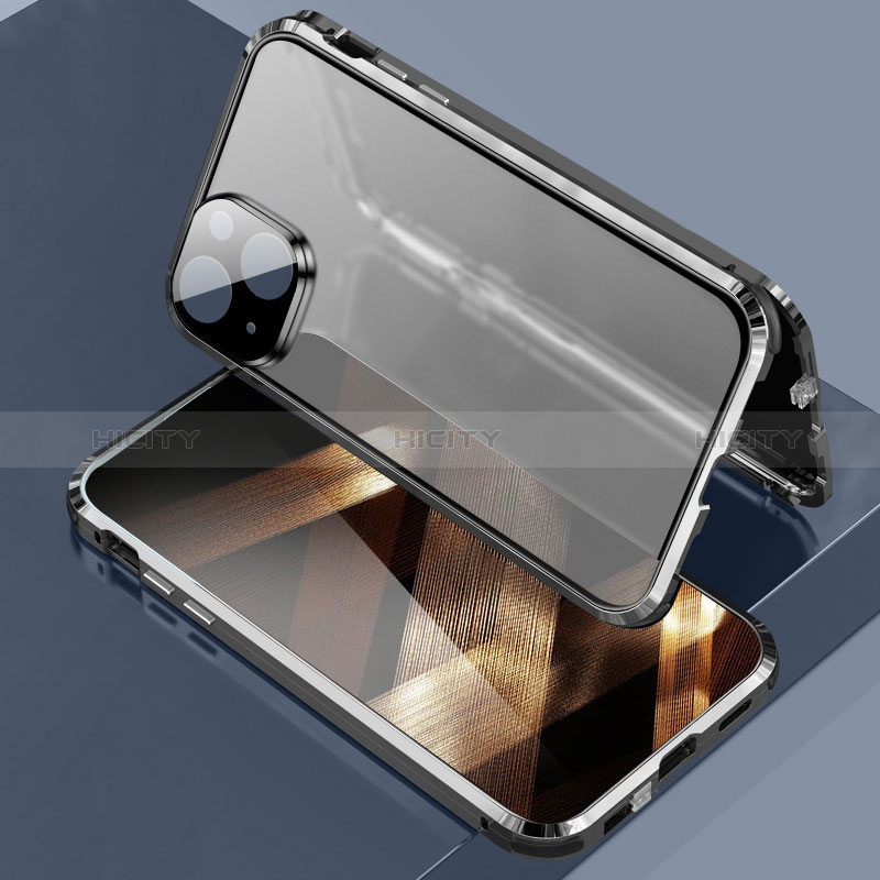 Apple iPhone 15用ケース 高級感 手触り良い アルミメタル 製の金属製 360度 フルカバーバンパー 鏡面 カバー LK3 アップル ブラック