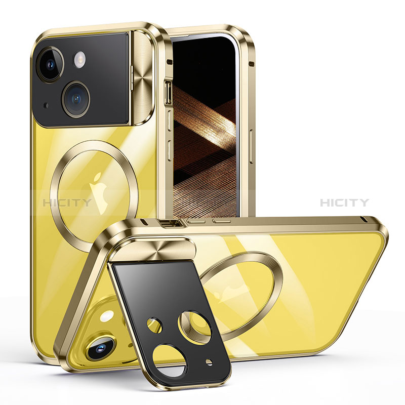 Apple iPhone 15用ケース 高級感 手触り良い メタル兼プラスチック バンパー Mag-Safe 磁気 Magnetic LK4 アップル ゴールド