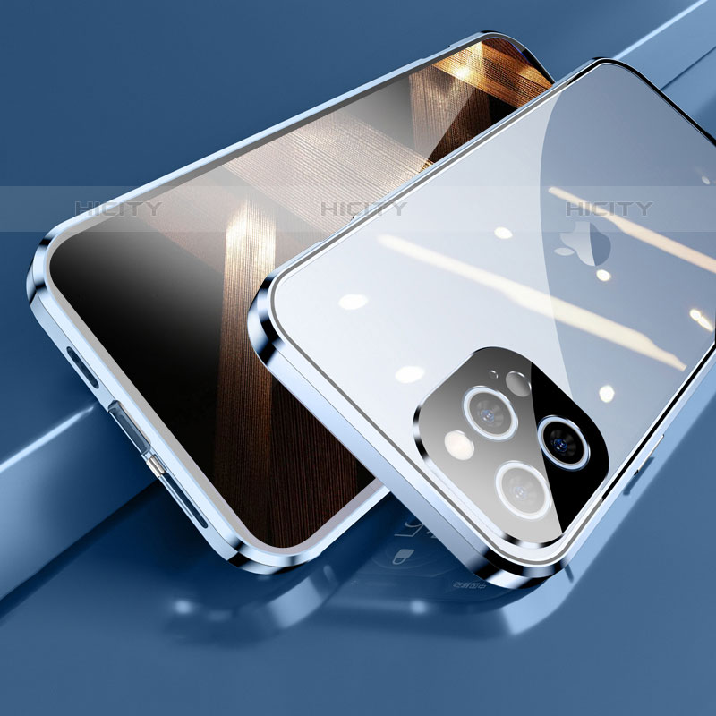 Apple iPhone 15 Pro用ケース 高級感 手触り良い アルミメタル 製の金属製 360度 フルカバーバンパー 鏡面 カバー M05 アップル ネイビー