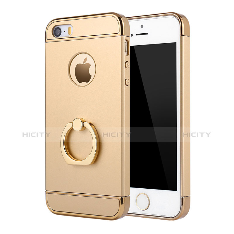 Apple iPhone 5用ケース 高級感 手触り良い メタル兼プラスチック バンパー アンド指輪 A02 アップル ゴールド