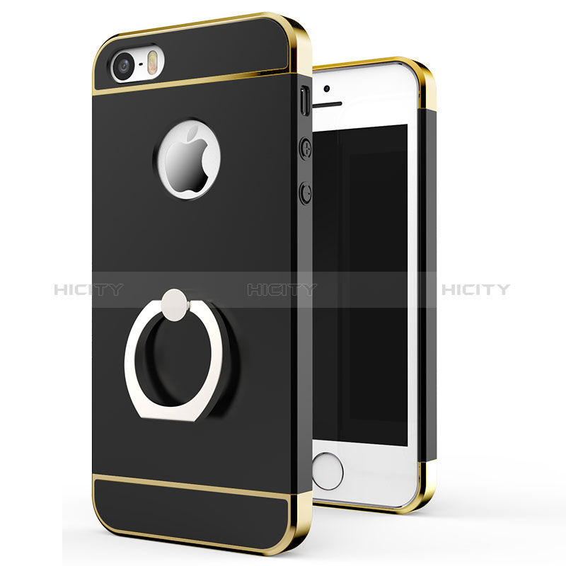 Apple iPhone 5S用ケース 高級感 手触り良い メタル兼プラスチック バンパー アンド指輪 アップル ブラック