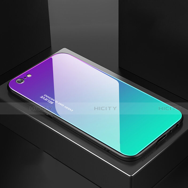 Apple iPhone 6S用ハイブリットバンパーケース プラスチック 鏡面 虹 グラデーション 勾配色 カバー アップル シアン