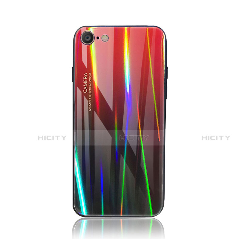 Apple iPhone 8用ハイブリットバンパーケース プラスチック 鏡面 虹 グラデーション 勾配色 カバー アップル レッド