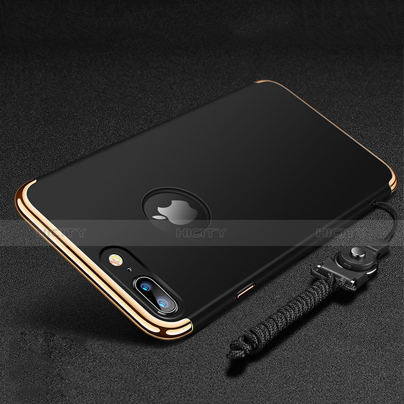 Apple iPhone 8 Plus用ケース 高級感 手触り良い メタル兼プラスチック バンパー アンド指輪 亦 ひも アップル ブラック