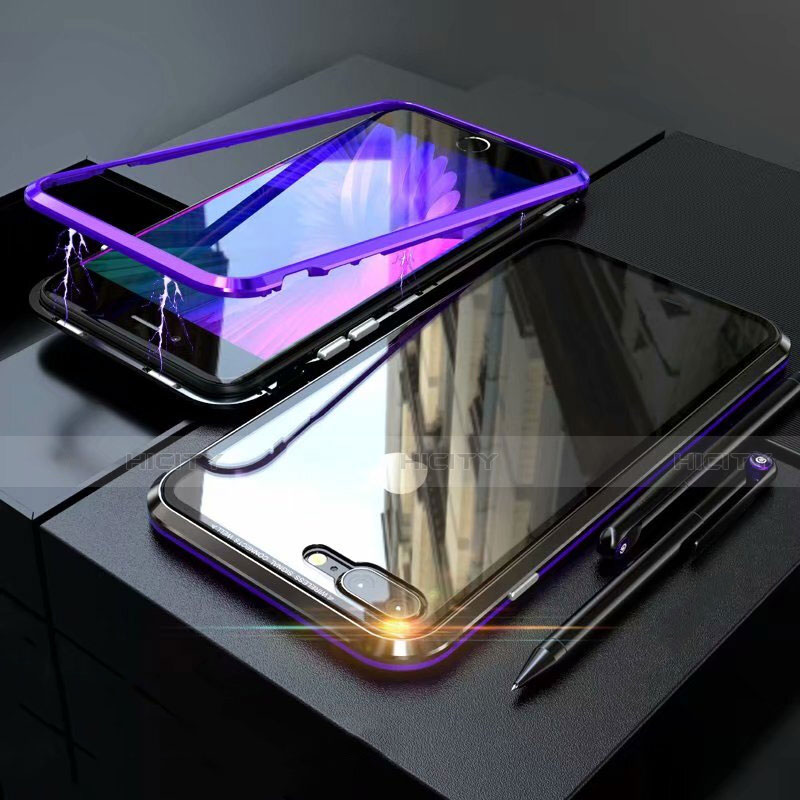 Apple iPhone 8 Plus用ケース 高級感 手触り良い アルミメタル 製の金属製 360度 フルカバーバンパー 鏡面 カバー M01 アップル パープル