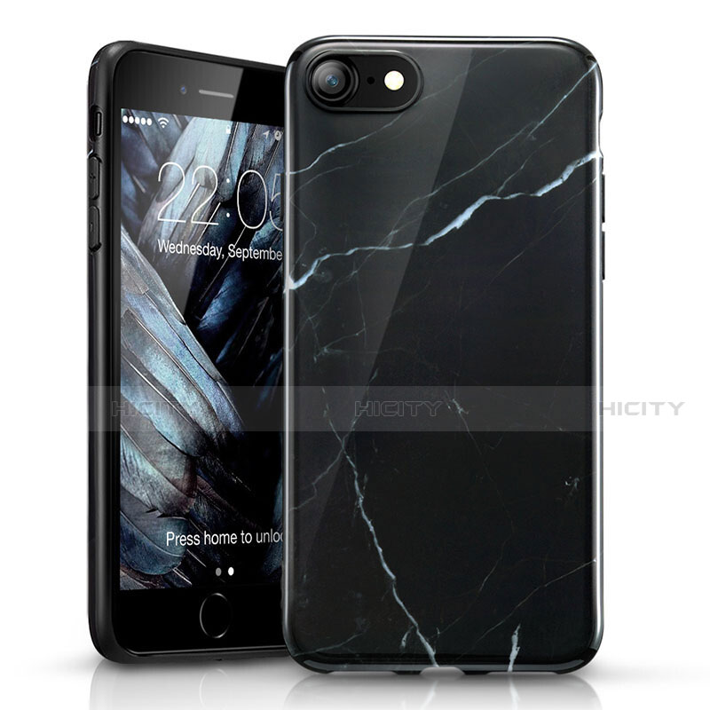 Apple iPhone SE (2020)用シリコンケース ソフトタッチラバー 大理石模様 アップル ブラック